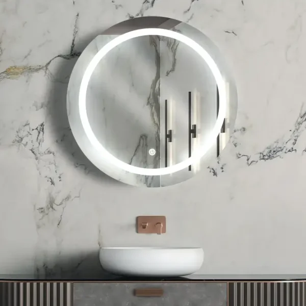 آینه سندبلاس رینگ لایت لاروس با طراحی گرد و قابلیت انتخاب نور در 24 رنگ