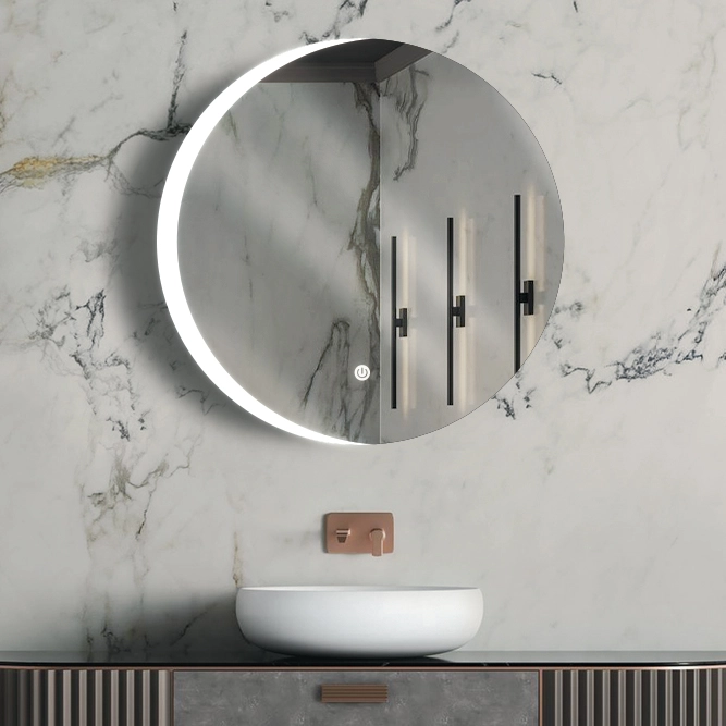 larus-mirror-p03-9-02 آینه هوشمند گرد P03-9 با طرح سندبلاست و نور بک لایت