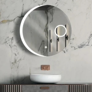 آینه هوشمند گرد P03-9 با طرح سندبلاست و نور بک‌ لایت