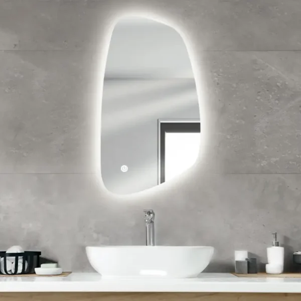 آینه دستشویی دفرمه بک لایت مدل form30 با نور پس‌زمینه سفید، مناسب برای روشویی