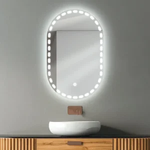 آینه سندبلاست بیضی P2-02 با نور بک‌لایت، دکمه لمسی، نصب آسان و قابلیت هوشمندسازی.