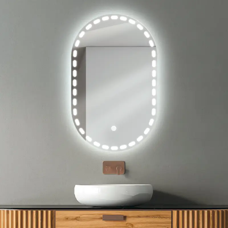 آینه سندبلاست بیضی P2-02 با نور بک‌لایت، دکمه لمسی، نصب آسان و قابلیت هوشمندسازی.