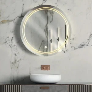 آینه دایره‌ای بک‌لایت با نور دوحلقه‌ای و دکمه لمسی .