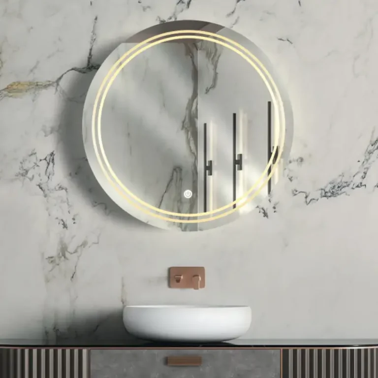 آینه دایره‌ای بک‌لایت با نور دوحلقه‌ای و دکمه لمسی .