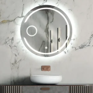 آینه دایره‌ای بک‌لایت با نور حلقه‌ای و دایره نورانی داخلی.