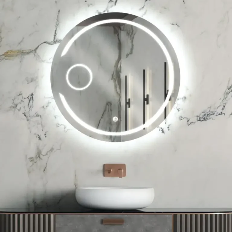آینه دایره‌ای بک‌لایت با نور حلقه‌ای و دایره نورانی داخلی.