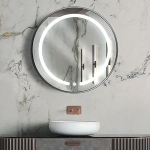 آینه دستشویی دایره‌ای سندبلاست P03-25 با 3 فرم متنوع همراه با نورپردازی LED مخفی