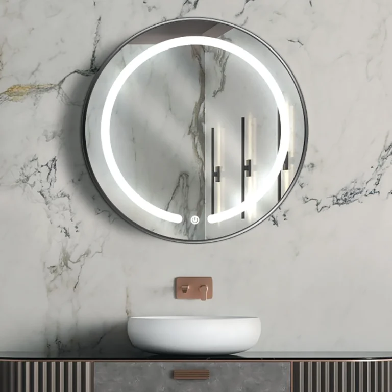 آینه دستشویی دایره‌ای سندبلاست P03-25 با 3 فرم متنوع همراه با نورپردازی LED مخفی